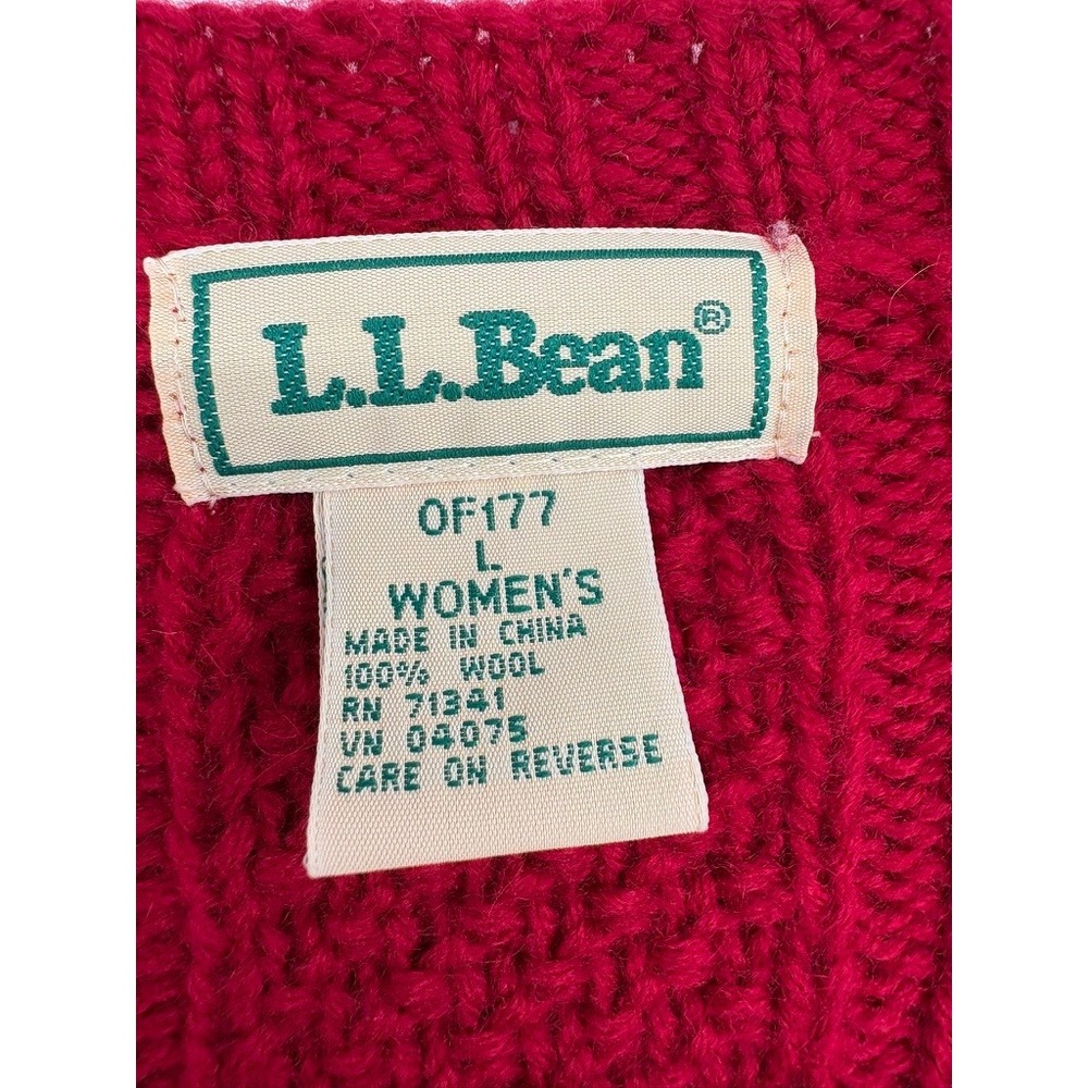 LL Bean Cardigan Women L Red Wool Cable Knit Button Front V-Neck Front Pockets - Picture 3 of 8